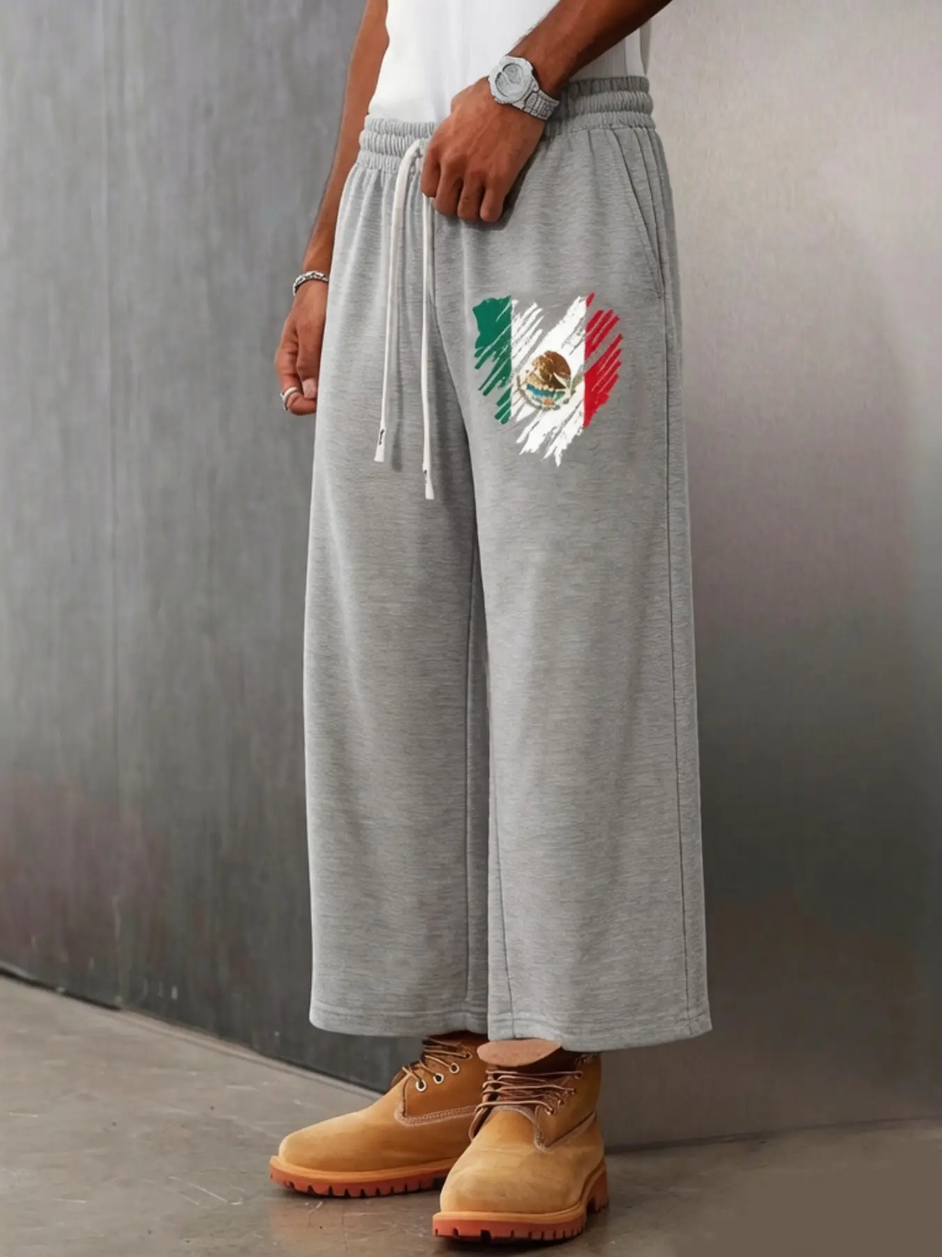 Men's Mexican Flag Heart Pattern Wide Leg Sports Pants, Casual Loose Drawstring Elastic Waist Seven-Eighths Pants, Side Pockets, Streetwear, Gym, Outdoor