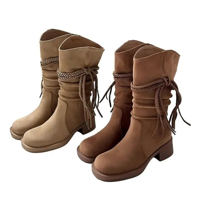 Women's Vintage Suede Knee-High Cowboy Boots - Braided Tassel Fringe, Block Heel, Slouchy Design - Ideal for Fall Outfits, Street Style
