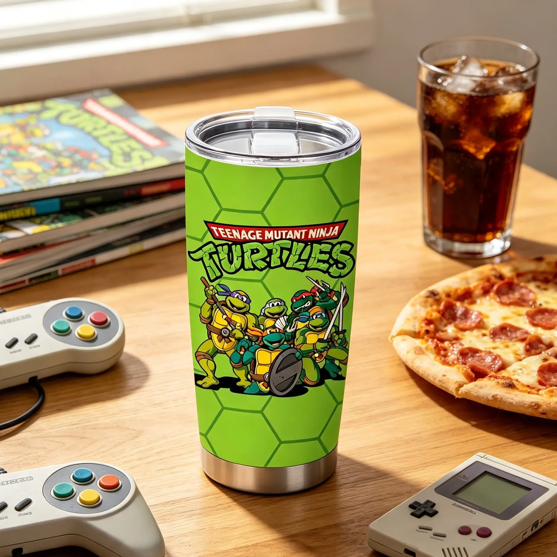 1 Pc 20oz insulated mug, Leakproof tumbler, Insulated travel tumbler, double wall, leak proof, with handle and lid, skinny design, for hot cold drinks, keep hot 12h cold 24h, Teenage Mutant Ninja Turtles print, gift for kids teens, tumbler