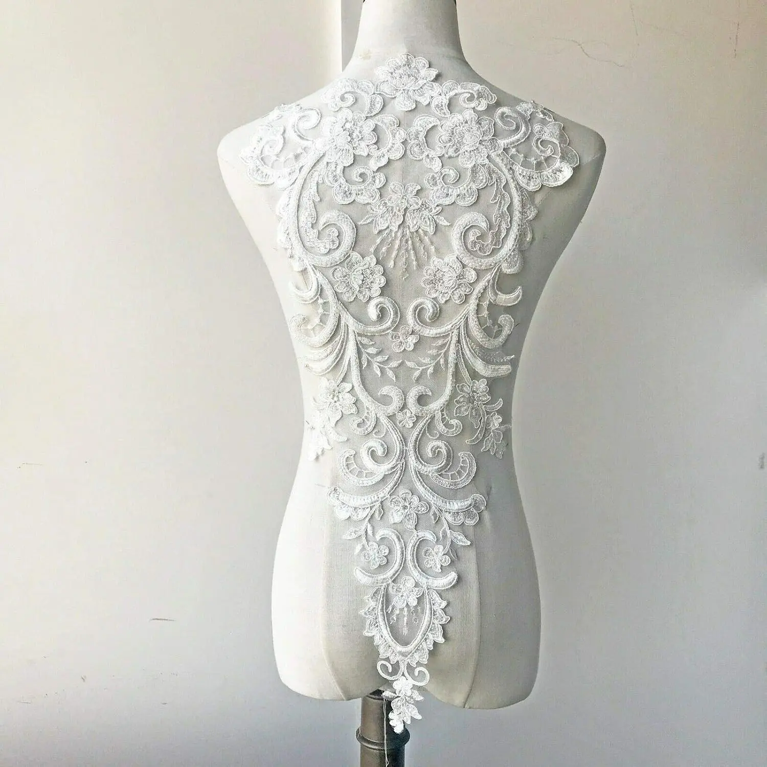 Bodice Lace Applique with Beaded Sequin Embroidery Floral Back Lace Appliques Patches for Craft Projects (White)