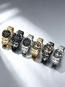 6pcs Classic Fashion Roman Numerals Men's Watch Set, Multi-Function Quartz Analog Watches, Casual Metal Band, Perfect Gift for All Occasions