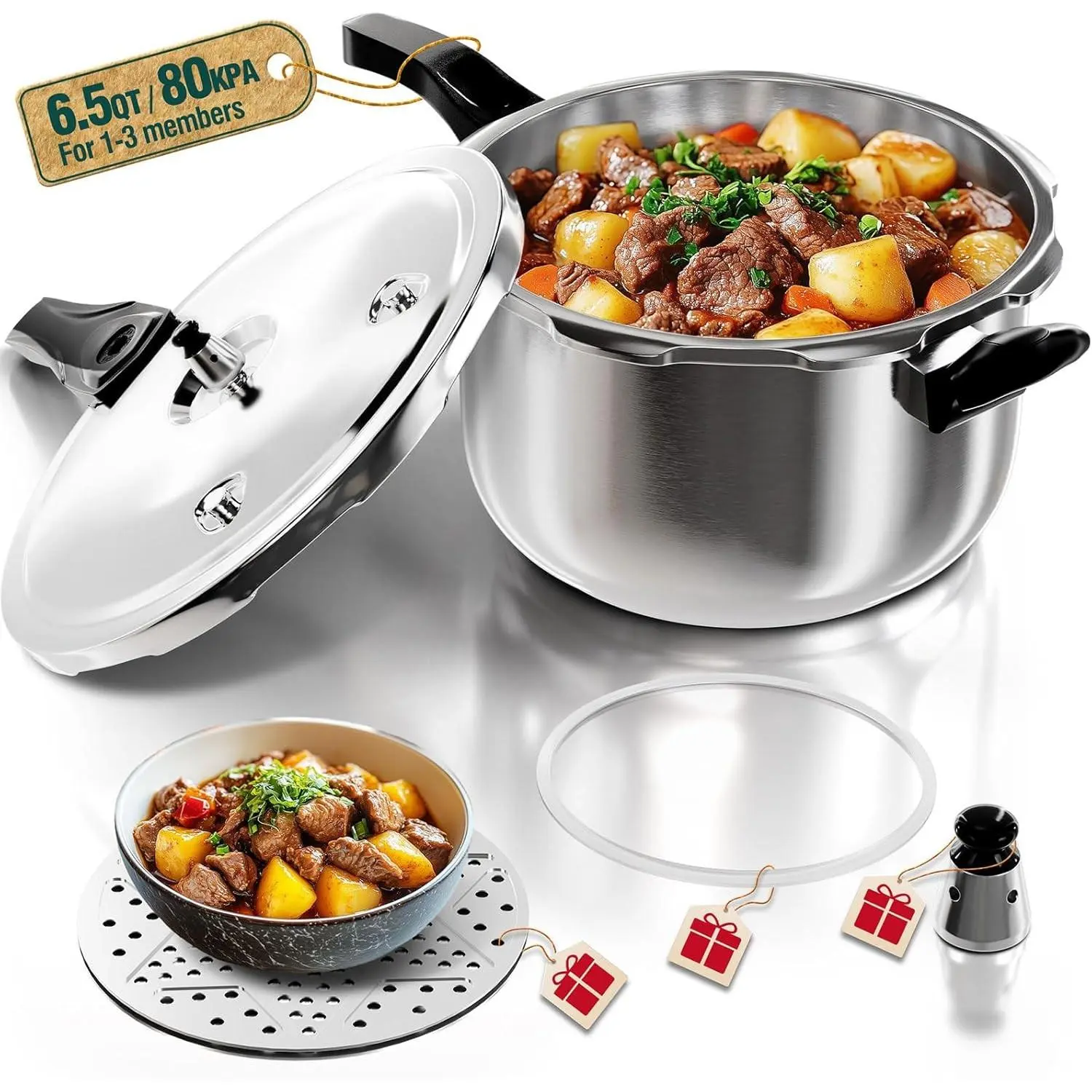 WantJoin 6.5 Qt Stainless Steel Pressure Cooker, Commercial Stovetop Pressure Pot for Cooking & Steaming, Compatible with Gas & Induction Cooker