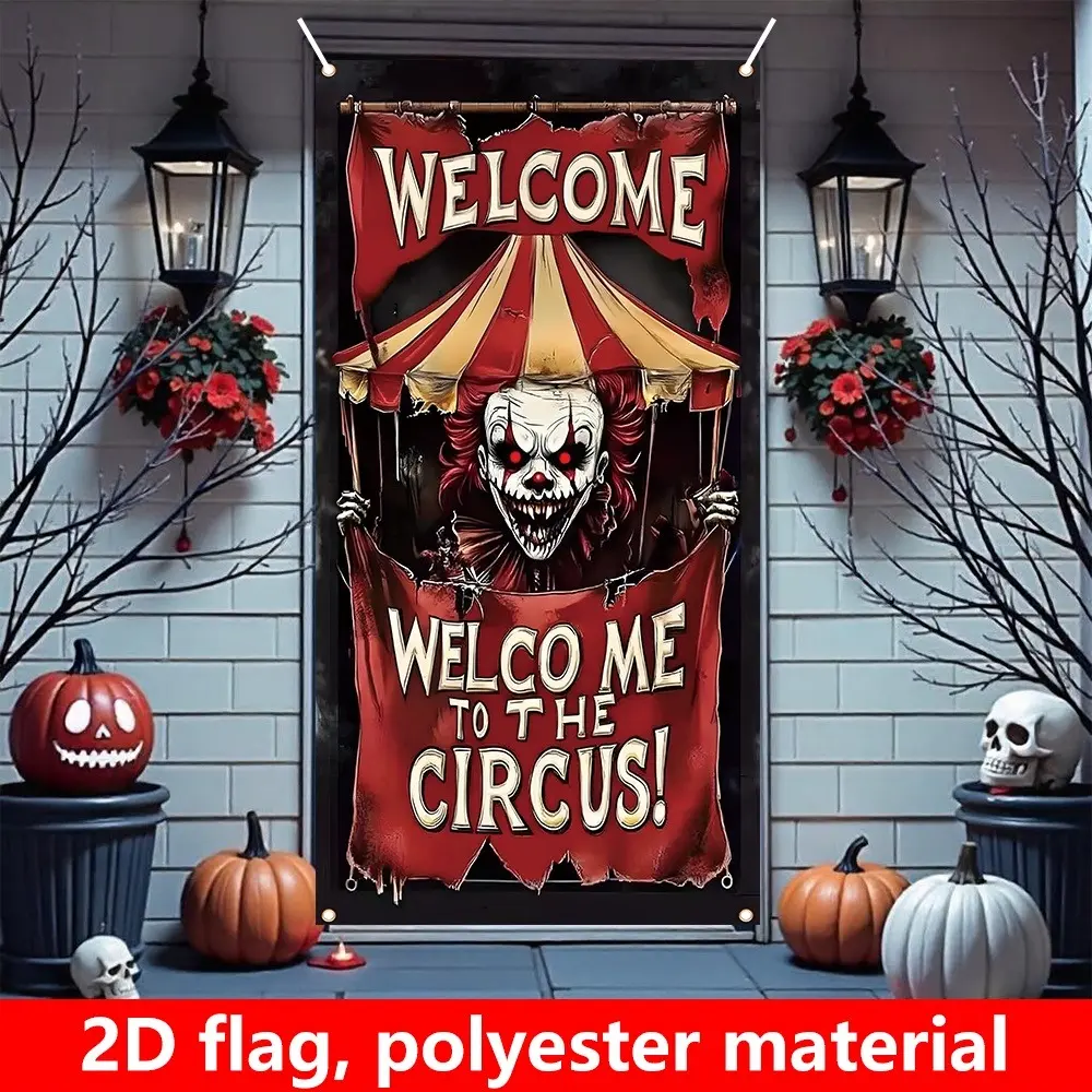 Halloween Scary Clown Circus Door Banner | Welcome to the Circus 2D Door Banner | Single-Sided Polyester | Metal Grommets for Easy Hanging