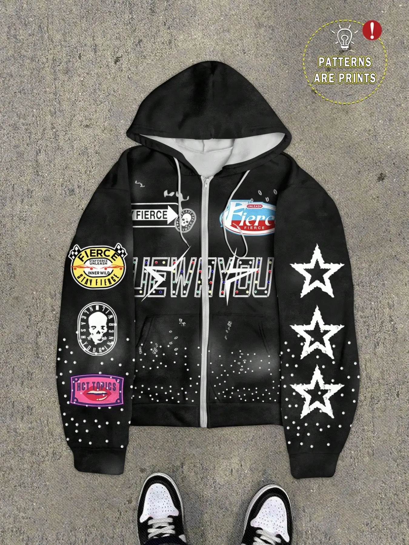 Men's Fitted All-Over Print Casual Jacket, Long Sleeve Pull-On Fall&winter Streetwear, Punk Skull Star Design, Unisex Hooded Sweatshirt, Printed Hoodie