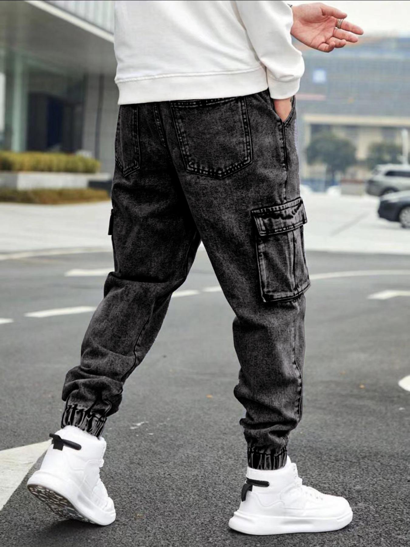 Men's Solid Flap-Pocket Cargo Jeans, Regular Fit Street Fashion Denim Trousers for Daily Wear, Men's Bottoms for All Seasons