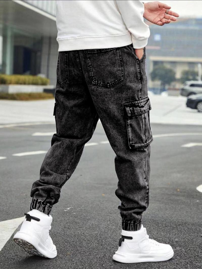 Men's Solid Flap-Pocket Cargo Jeans, Regular Fit Street Fashion Denim Trousers for Daily Wear, Men's Bottoms for All Seasons