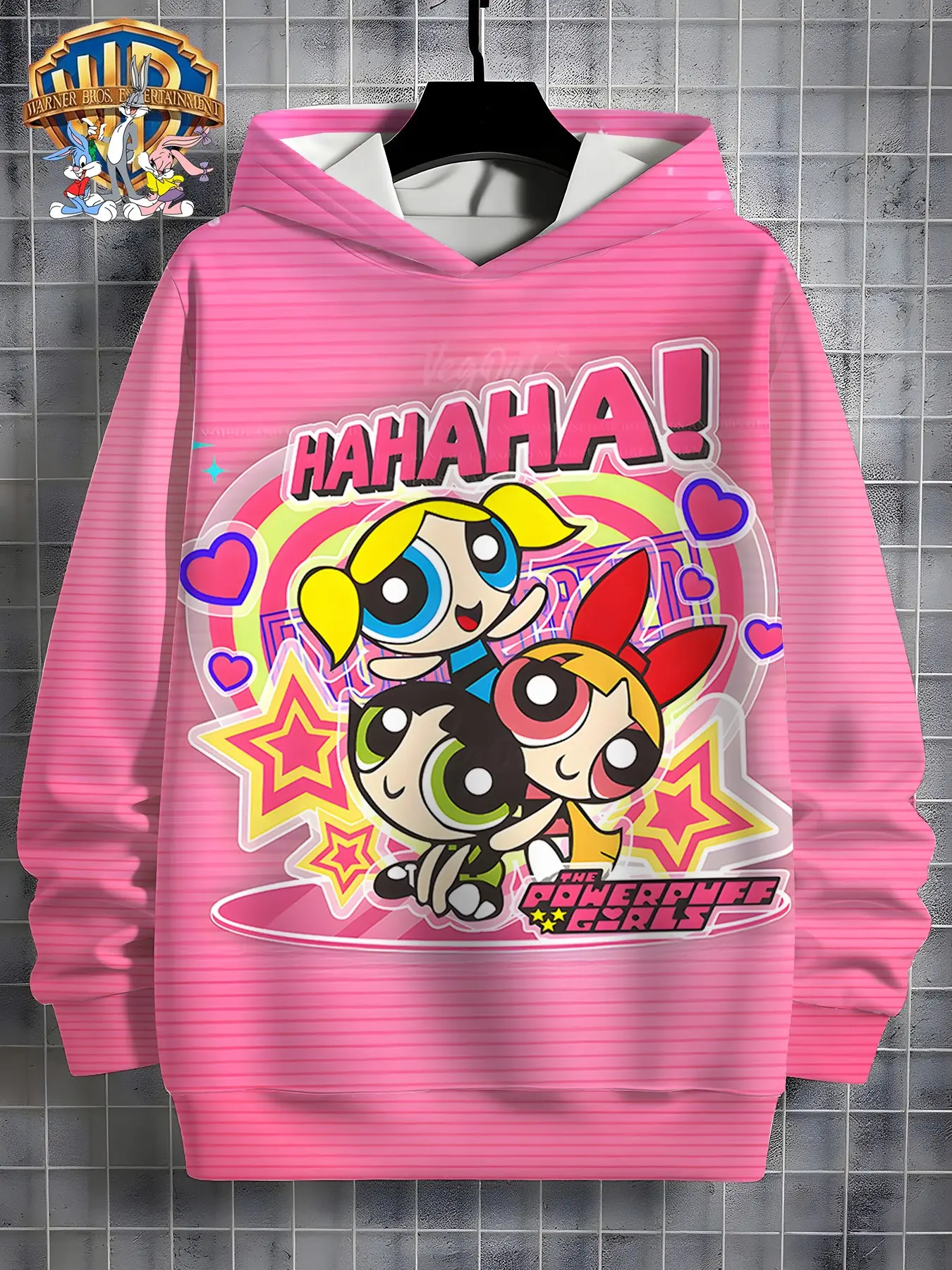 Wb Official the Powerpuff Girls Kids Hoodie, Girl Cartoon Striped Long Sleeve, Fall Winter Casual Loose Fit, Back-To-School Fun Sweatshirt
