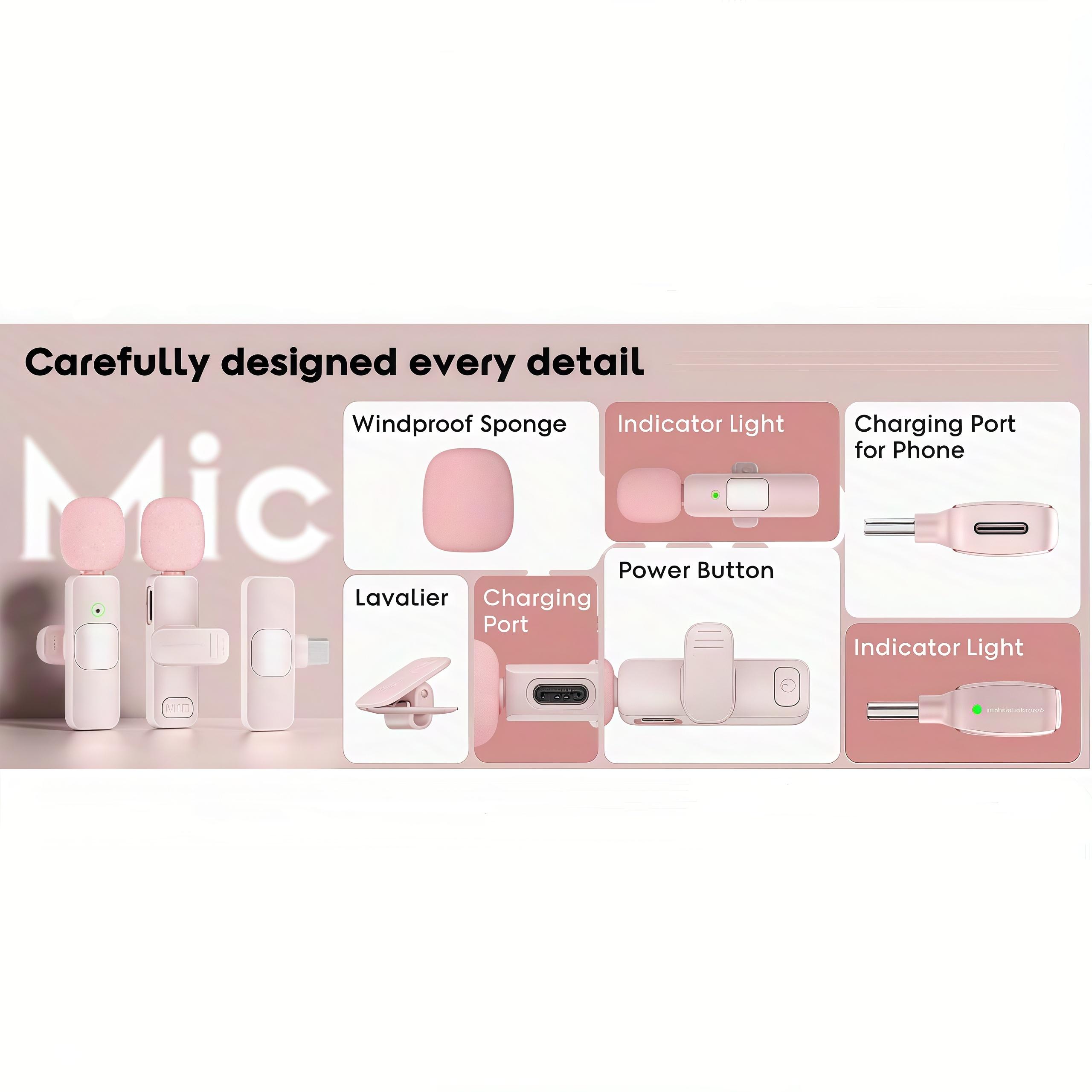 USB-C Mini Lavalier Microphone for iPhone 16, iOS & Android – Noise Cancelling Clip-On Mic for Videos, TikTok, YouTube, Vlog – Plug & Play (Pink)
