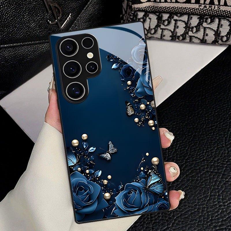Phone Case - Dark Blue Rose Butterfly Print Phone Case for Samsung Galaxy S26 S25 S24 S23 S22Pro S21 S20 Fe Plus Ultra Pro A56 A55 A54 A53 A52 A51 A36 A35 A34 A32 A26 A25 A24 A23 A16 A15 A14 A06 A05 A03s