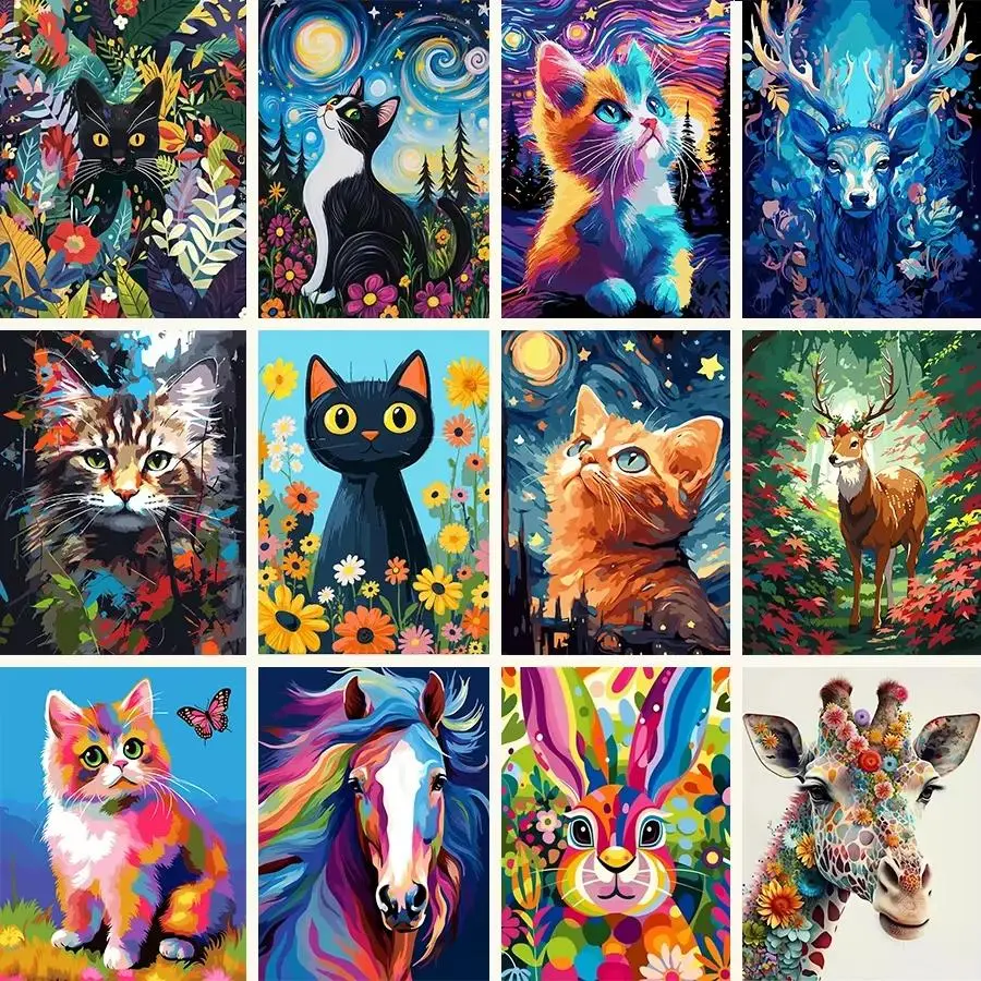 Vibrant Cat [STRETCHED FRAMED PAINT BY NUMBERS FOR ADULTS] 16x20in Canvas Painting Kit, Colorful Starry Night Animal Deer Horse Rabbit Giraffe Landscape , Psychedelic Aesthetic Room Wall Decor, Relaxing Mindfulness Creative Hobby Gift Set art diy