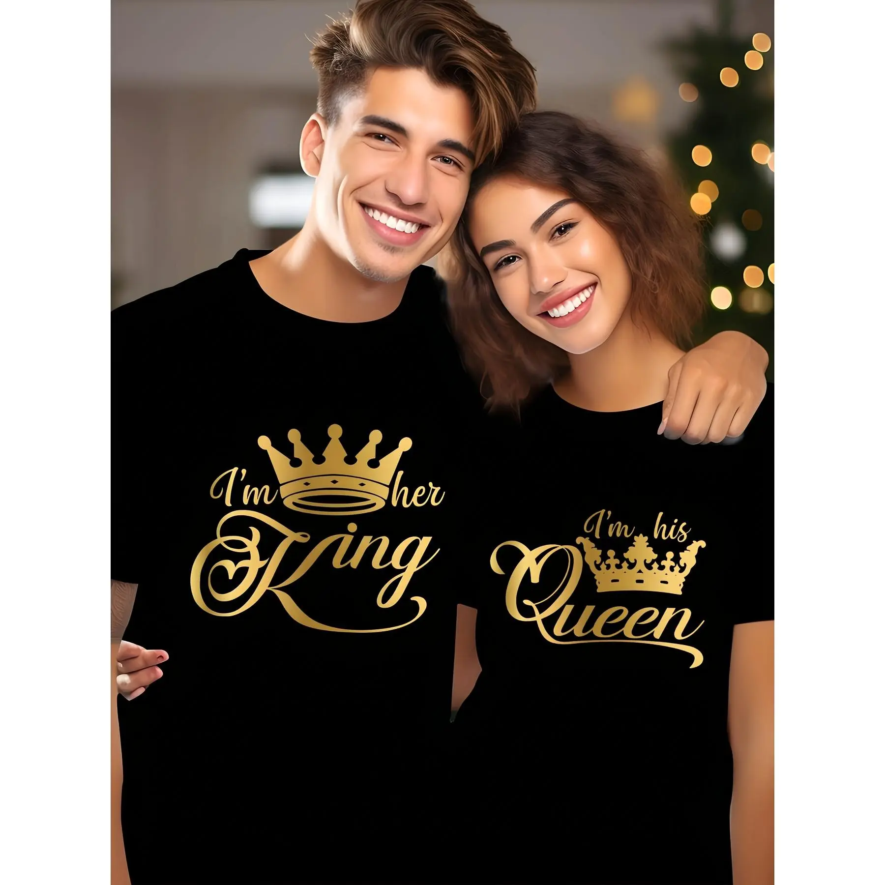 220G Heavyweight Couple'S Matching T Shirts King Queen Crown I'M Her King I'M His Queen Graphic Print Black Golden Unisex Casual Loose Fit Tees for Anniversary Valentine'S Day