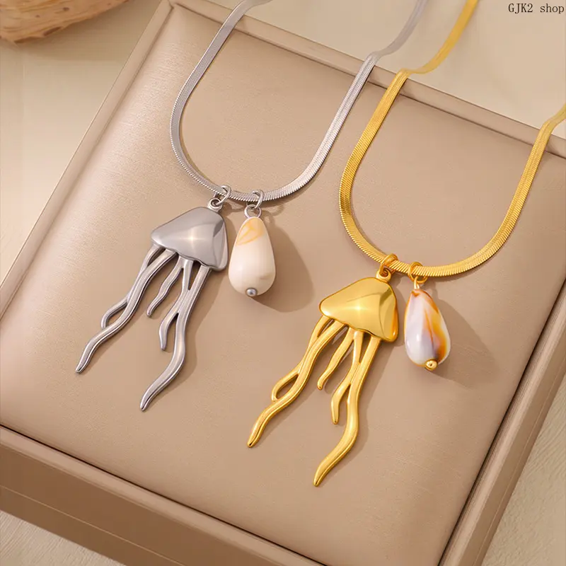 Gold Tone Jellyfish & Shell Bead Pendant Snake Chain Necklace, Stainless Steel Ocean Style Dainty Jewelry For Women