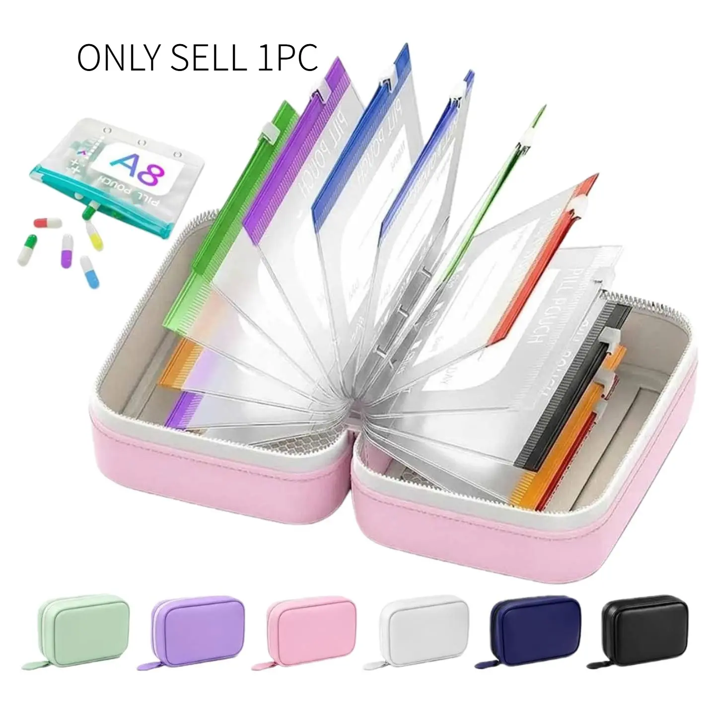 Waterproof Mini Pill Organizer/Pouch Set, Medical Organizer, Travel Medicine Organizers with 14 Color-Coded Pouches, Leakproof Reusable Zippered Storage Case, Compact Daily Pills Holder