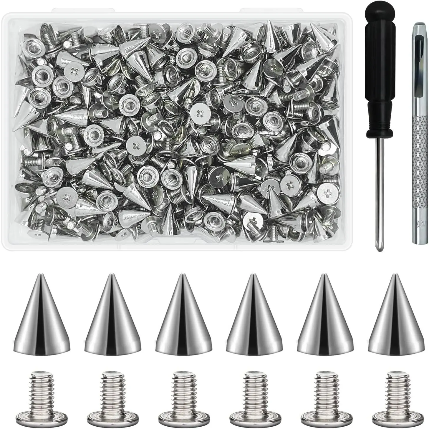 200 Sets 9.5mm Silver Cone Metal Tree Spikes Screwback Studs for DIY Leathercraft Decoration Punk Rock Style Clothing Accessories