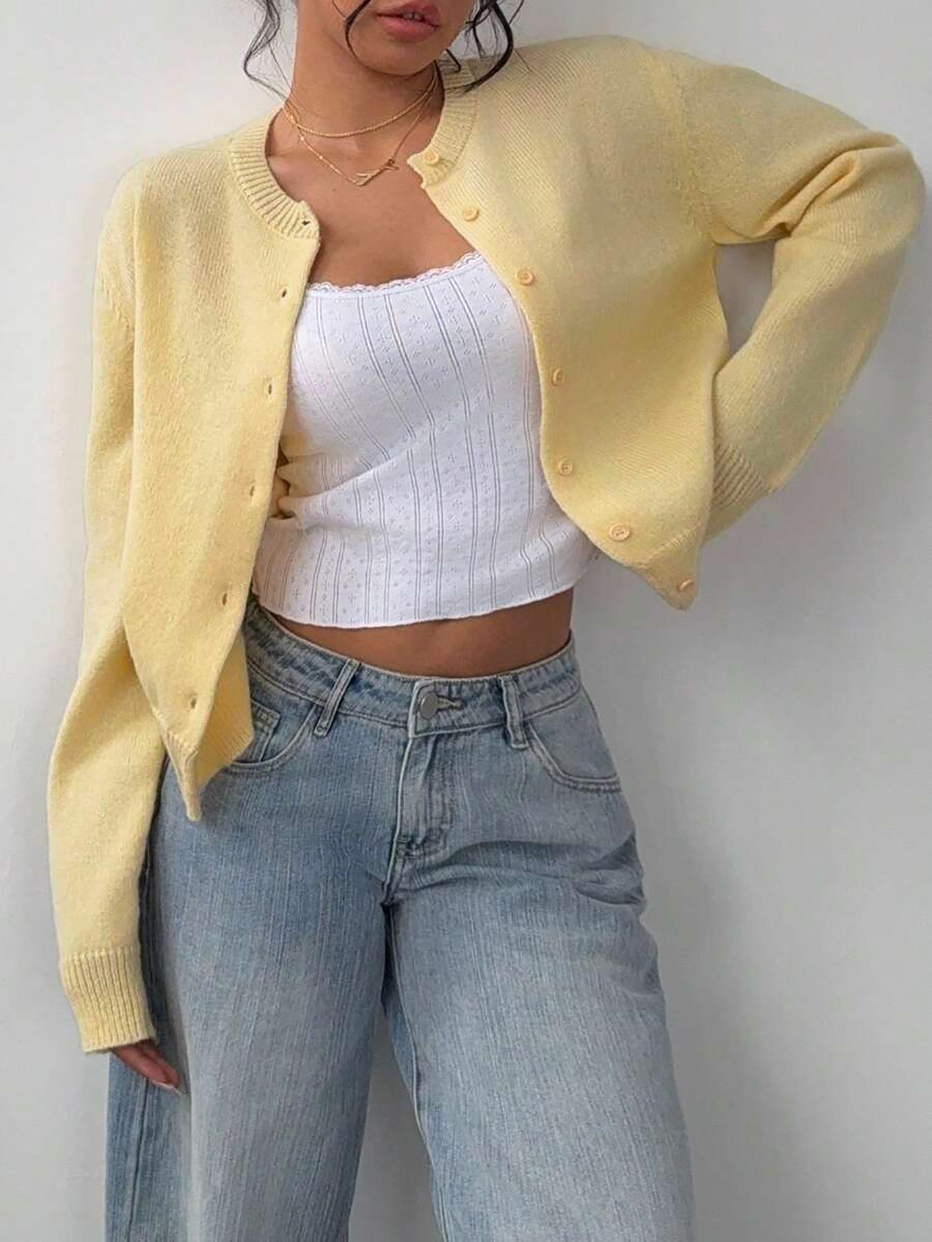 Women's Solid Color Button Front Sweater Cardigan, Casual Long Sleeve Knitting Knitwear for Fall & Winter, Women's Knit Clothing for Daily Wear