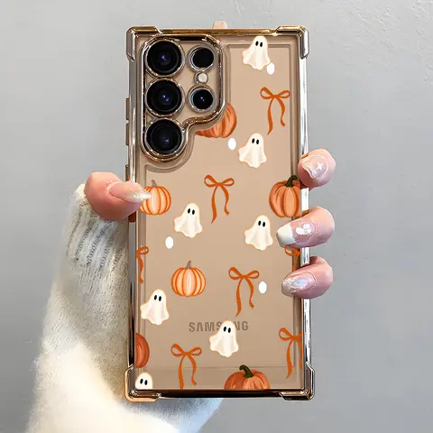 Ghost Pumpkin Orange Bow Soft TPU Cellphone Smartphone Case - Electroplated, Airbag Shockproof, Slim Protector Casing for Samsung S26, S25, S24, S23, S22 Ultra, S25Edge, S24FE Plus, S25+ - Durable Fall Halloween Gifts