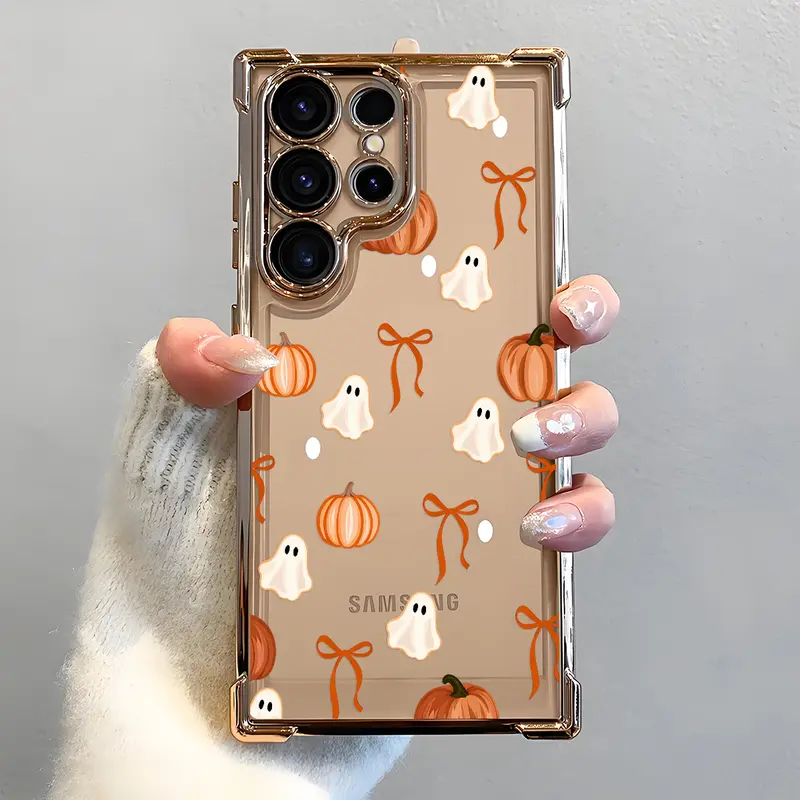 Ghost Pumpkin Orange Bow Soft TPU Cellphone Smartphone Case - Electroplated, Airbag Shockproof, Slim Protector Casing for Samsung S26, S25, S24, S23, S22 Ultra, S25Edge, S24FE Plus, S25+ - Durable Fall Halloween Gifts