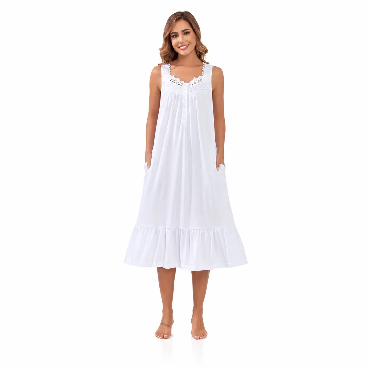 Viakeo Cotton Nightgowns for Women Long House Dress Soft Sleepshirts with Pockets S-3XL