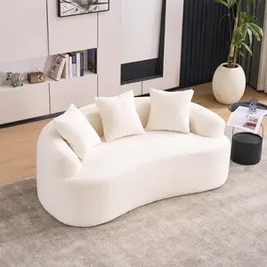 Curved Modern Boneless Sofa Loveseat, Backrest Upgrade, 2-Seater Off-White Chenille Compression Couch with 3 Pillows, Minimalist Modular Couches for Living Room, Office, Apartment, Guest Room