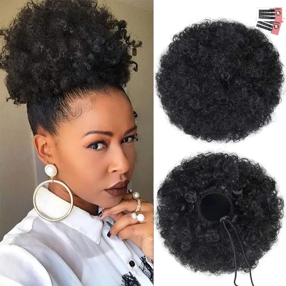 Afro Puff Drawstring Ponytail Extension for Black Women,  Black 1B# 80gram Short Synthetic Afro Puff Ponytail for  Hair,Clip  Kinky Drawstring Curly Ponytail Bun