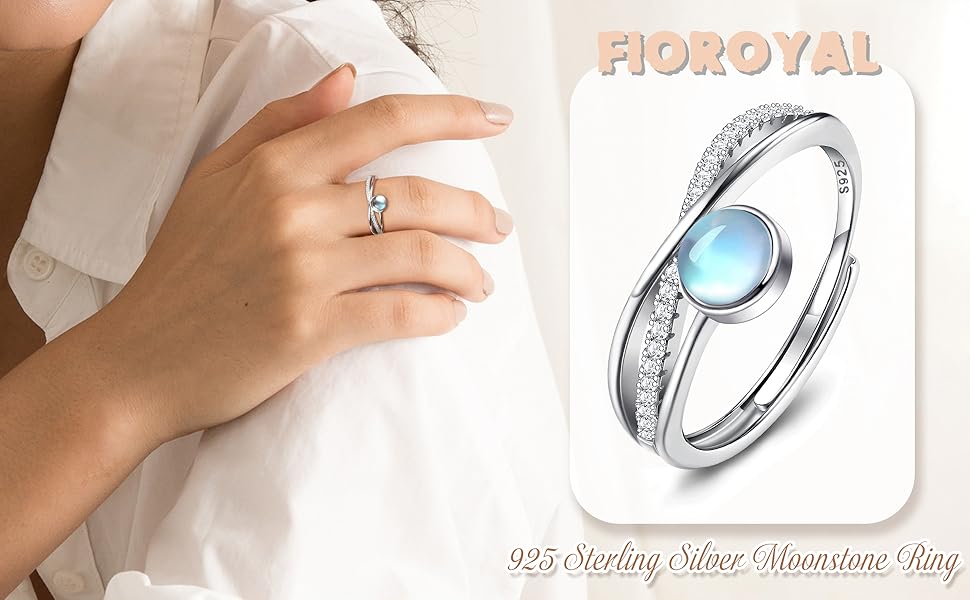 Elegant and exquisite 925 Sterling Silver Moonstone Rings for Women Girls Shiny CZ Crossed Round Moonstone Ring Thumb Adjustable Ladies Rings