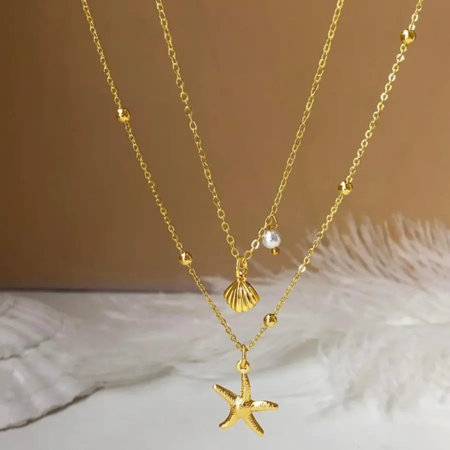 Women's Multi-Layer Ocean-Inspired Necklace, Elegant Chain Strap Jewelry with Starfish, Sea Shell & Artificial Pearl Beads for Summer Beach Parties, Bling Effect, Chain Strap Necklaces, Casual, Female