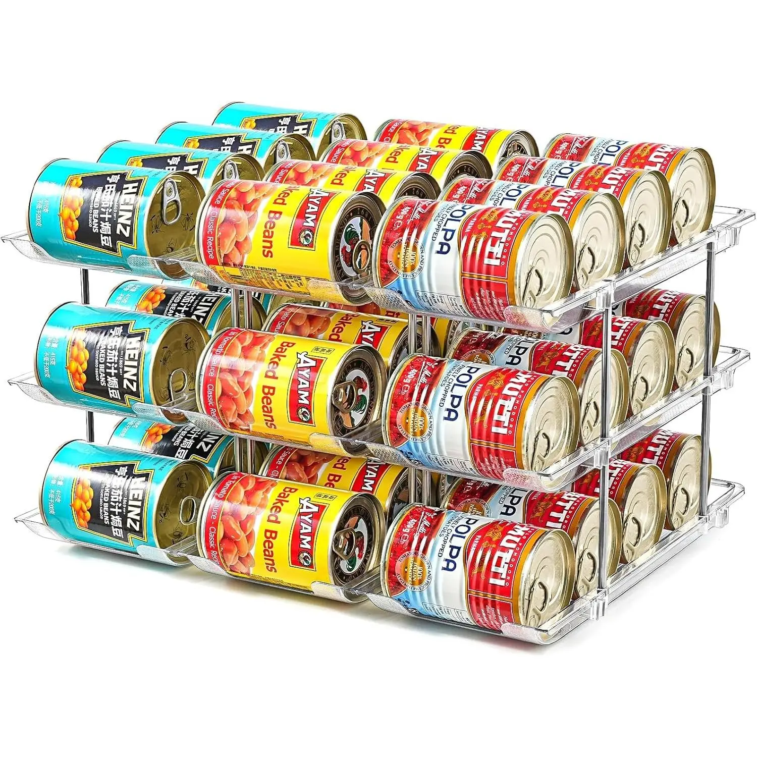 Can Organizer for Pantry, Stacking Can Storage Organizer Pantry, Automatic Rolling Can Rack for Fridge, 3Tire 3 Columns Can Holder for 36 Cans, Canned Goods Organizer