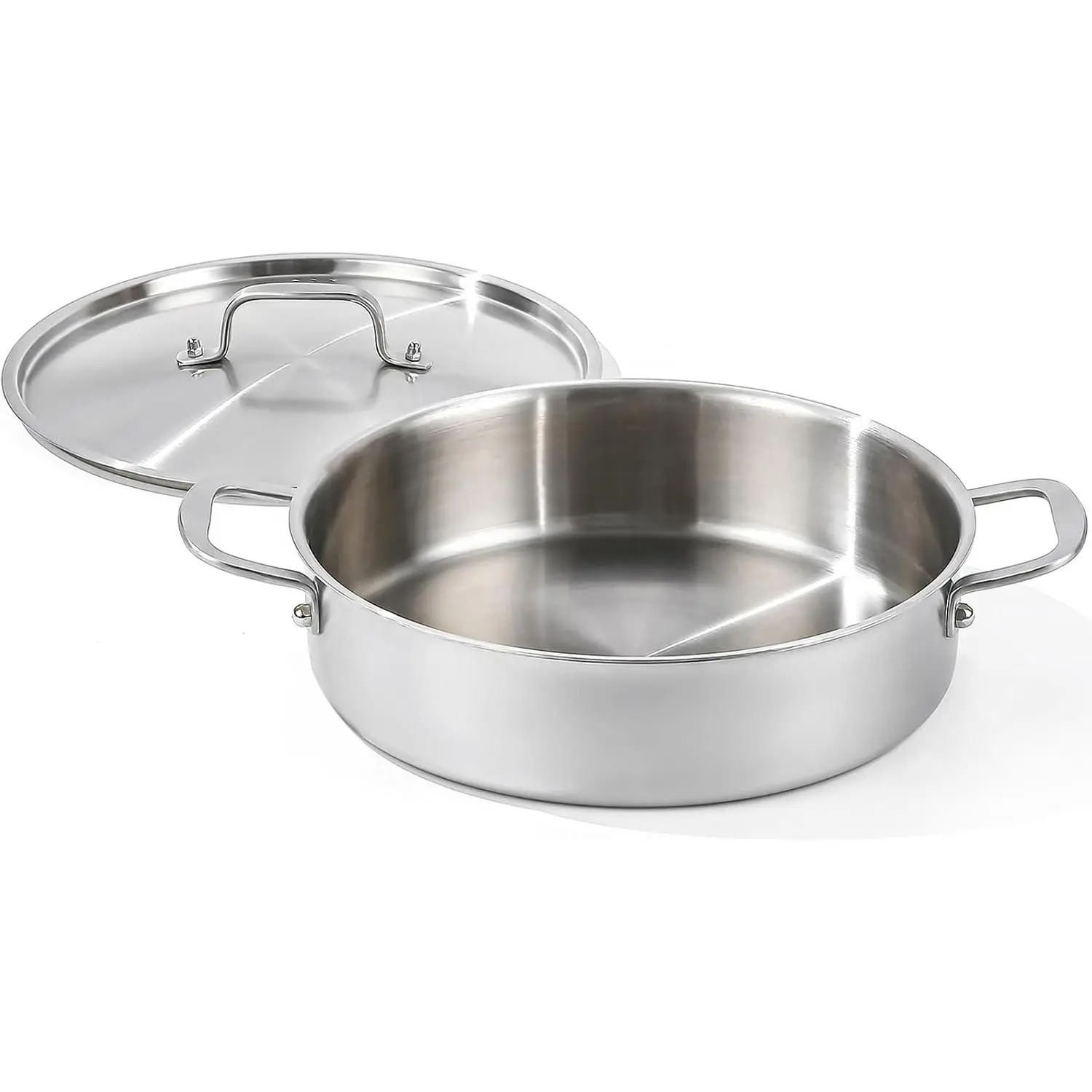 DELARLO Tri-Ply Stainless Steel 3.5 Quart Braiser Pan with Lid Induction Rondeau Pot With Lid 12inch Deep Frying Pan Large Saute Pan Heavy Duty Style Compatible With All Cooktops Up to 650℉