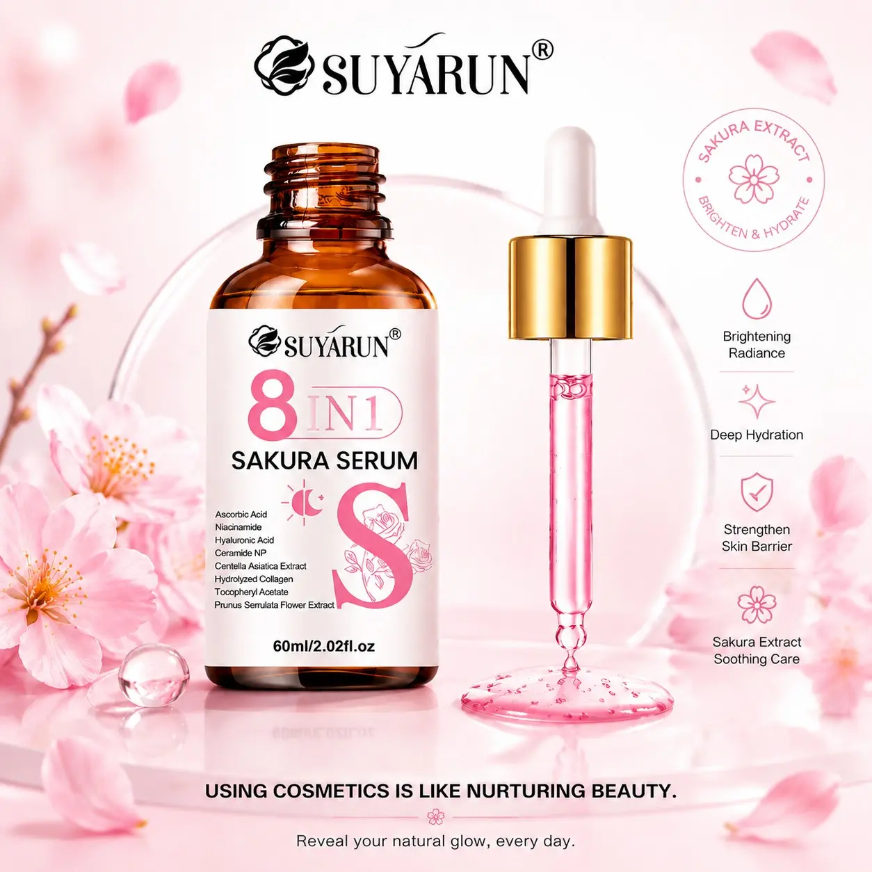 SUYARUN 8 in 1 Sakura Face Serum 60ml | Niacinamide, Vitamin C & E, Centella Asiatica | Non-Greasy Moisturizing & Skin Tightening Essence