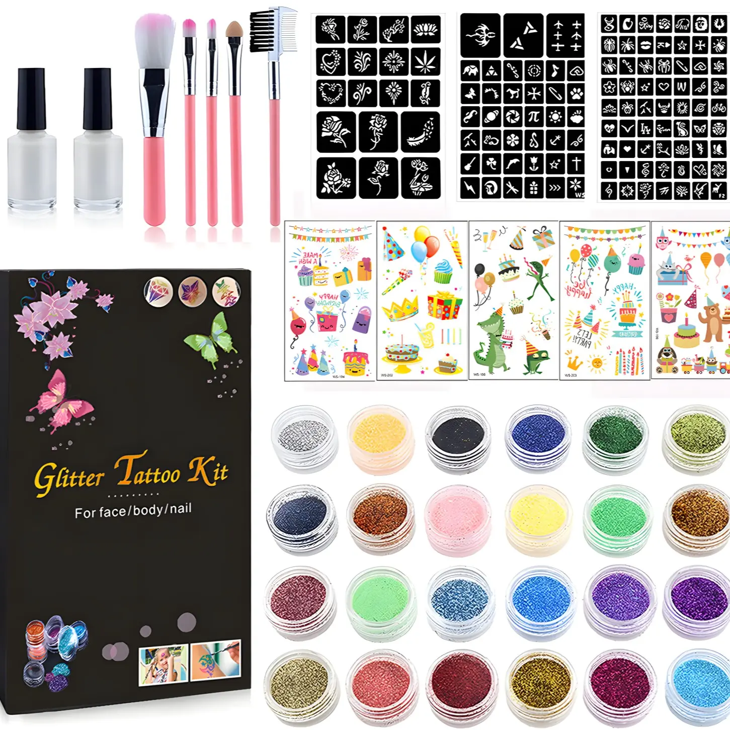 Temporary Glitter Tattoo Kit, 24 Glitter Colors Glam Pack Glitter Tattoo Kit,With Unique Stencils,Glue,Brushes,Stickers, Glitter Tattoos,Adults,Boys Girls Birthday Party,Christmas gift