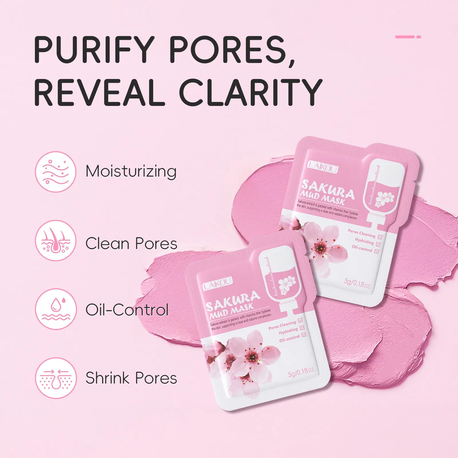 Cherry Blossom Oil Control Mud Mask 5g, Deep Pore Cleansing, Absorbs Excess Oil, Smooths Skin, Travel-Friendly, Single Use Pack,mask deeply draws out impurities, absorbs excess oil, and minimizes pores while providing essential hydration.