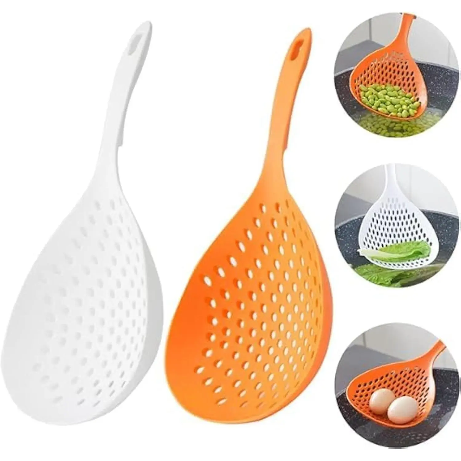 White Plastic Slotted Strainer Scoop - Ergonomic Handle, Efficient Draining Utensils, Multi-Use Multi-Functional Kitchen Tool, Pasta Spoon, No Warning Applicable, One Size, Cooking