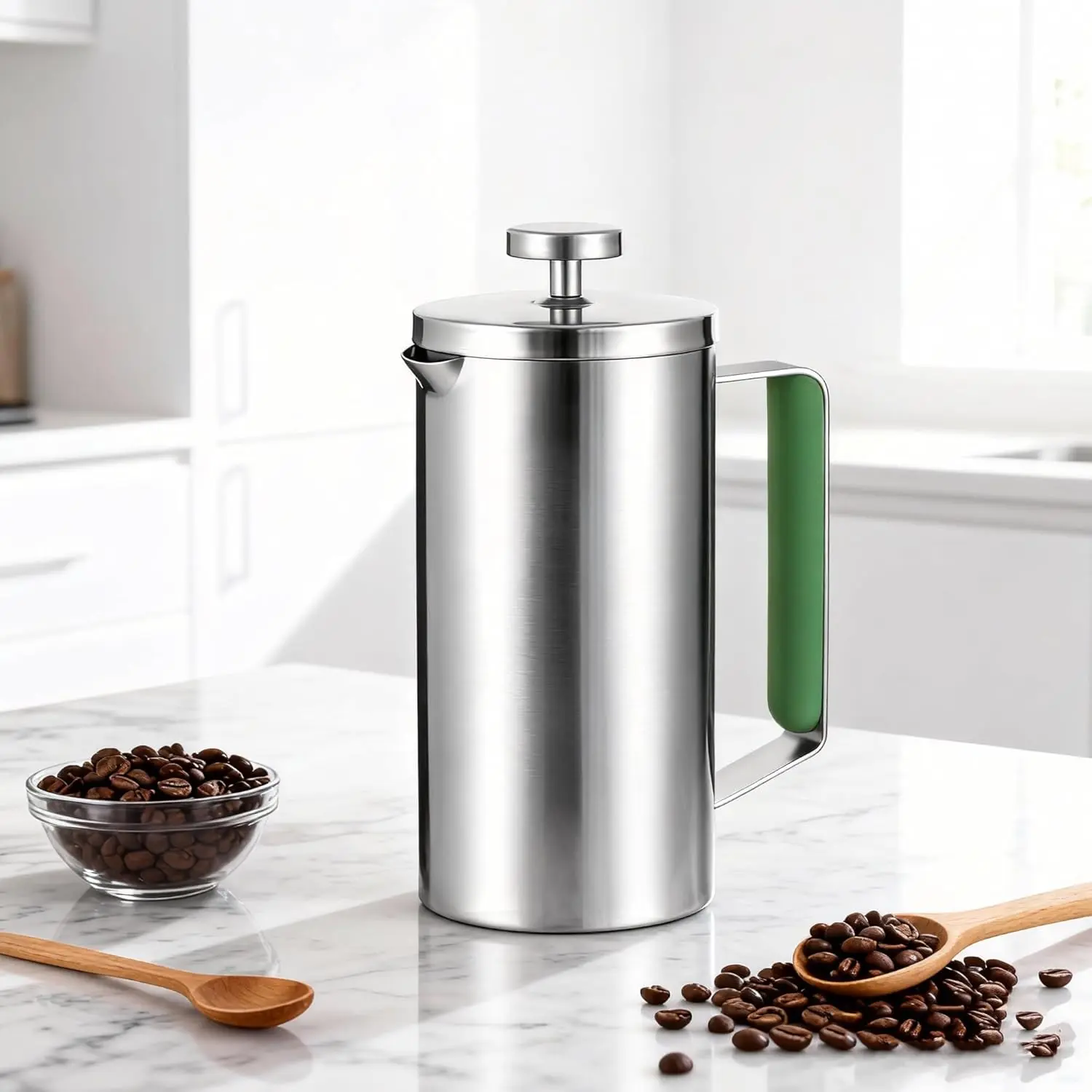 Stainless Steel French Press Coffee Maker 21OZ Camping Coffee Press with Green Handle for Personal Office Travel Sanding Silver 1-3 Cups