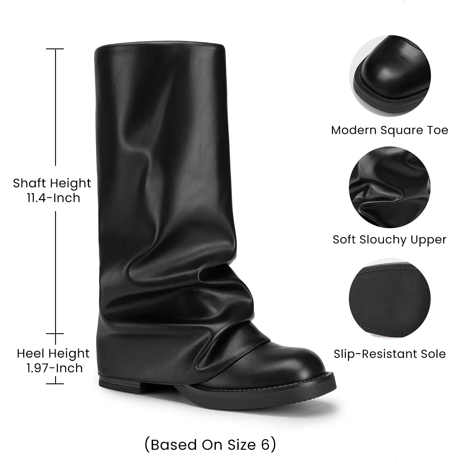 Athlefit Women's Slouchy Fold Over Boots Wide Calf Chunky Platform Low Heel Square Toe Pull On Mid Calf Boots