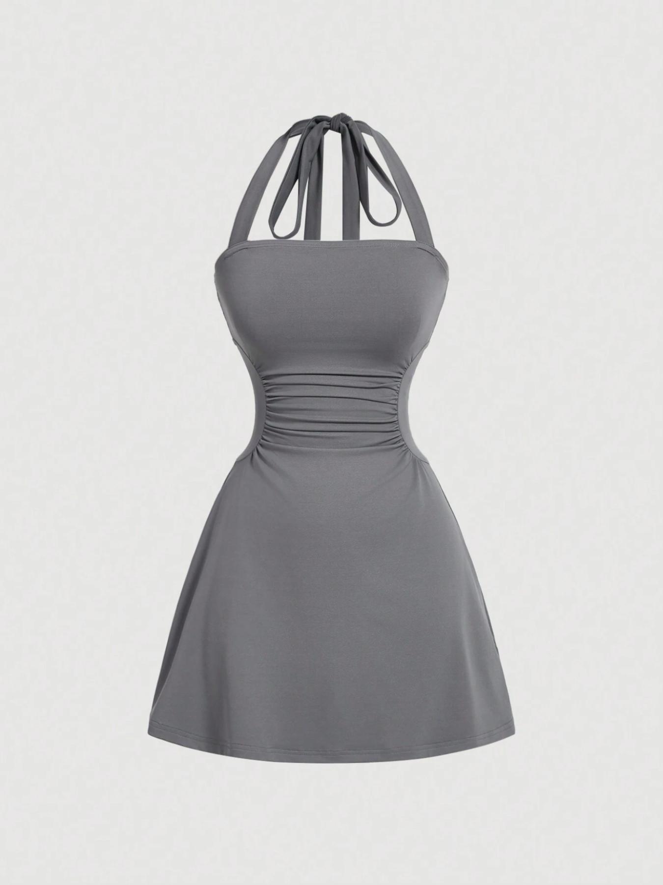 Women's Solid Fit Ruched Tie Back Backless Halter Neck Dress, Casual Fashion Fitted Womenswear Sleeveless A Line Short Dress for Summer, Women's Dress for Beach Holiday