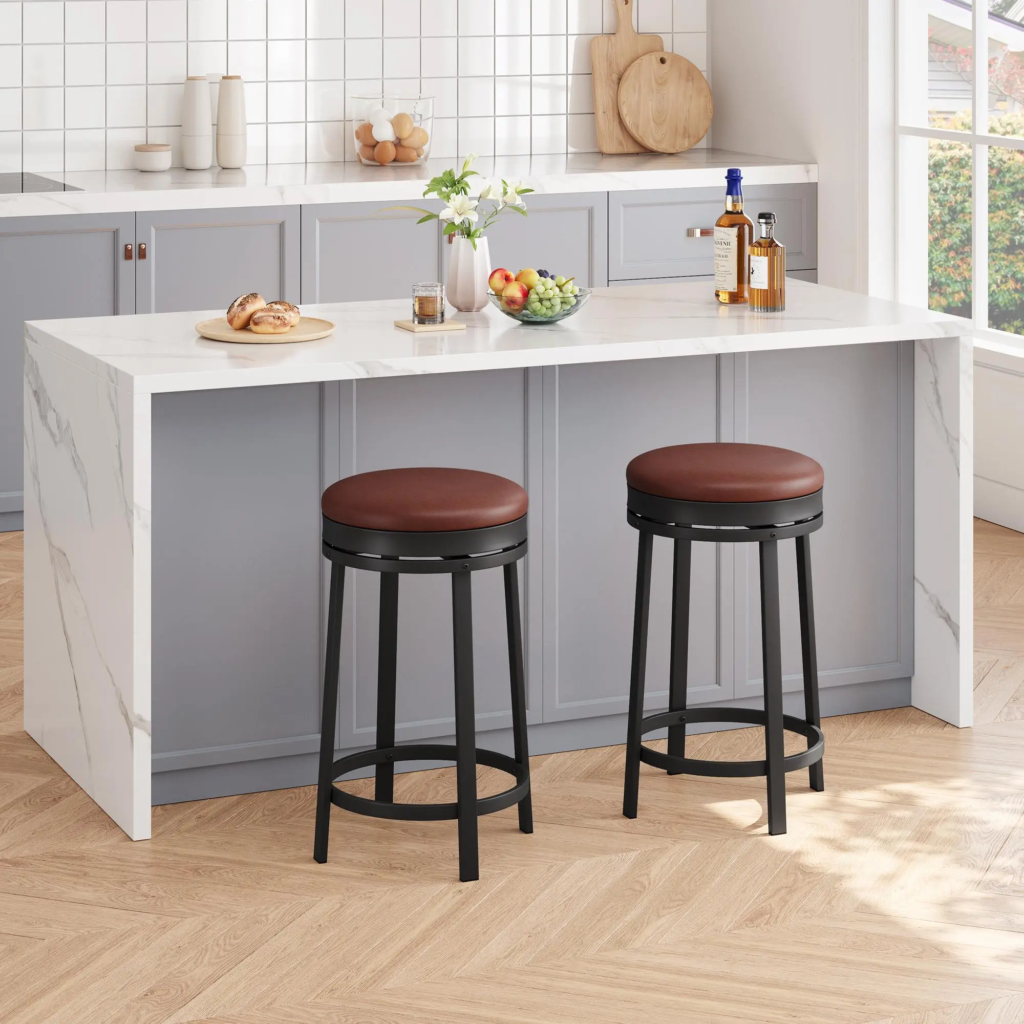 Gaomon 2pcs/4pcs Swivel Bar Stools, PU Leather Upholstered Backless Round Bar Stools, Modern Metal Frame Counter Height Barstools Home Bar with Footrest for Kitchen, Dining Room