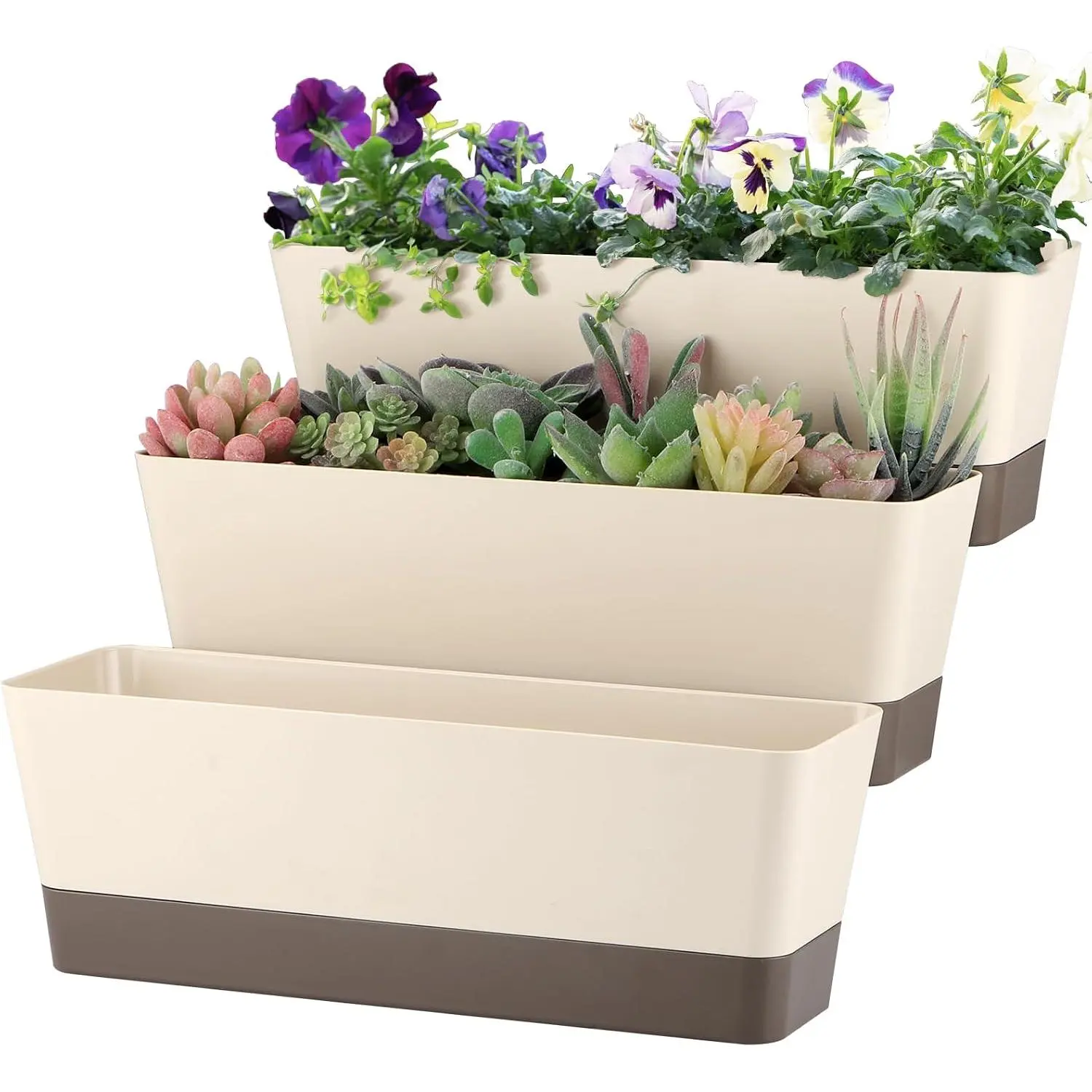 Window Box Planter with Tray, 12" Rectangle  Pot, Pack of 3 (Beige)