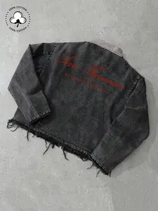 Men's Vintage Washed Cotton Denim Zip Jacket With Frayed Hem And San Francisco Letter Print, Suitable For Streetwear, Daily Wear And Casual Gatherings