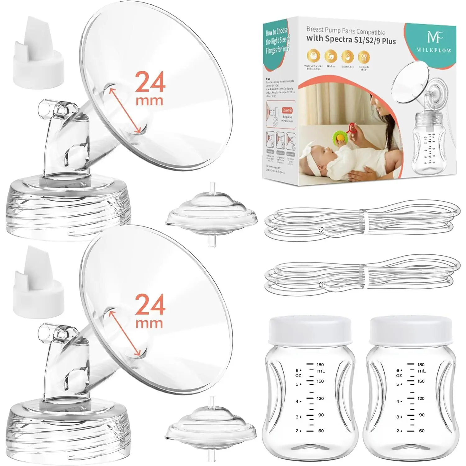 Recycled Breast Pump Parts Replacement Kit Compatible with Spectra S1, S2, S9 Plus Pumps, 24mm, Includes 2 Flanges, Bottles, Duckbill Valves, Tubing, and Backflow Protectors, Recycled Parts, Multi-Size