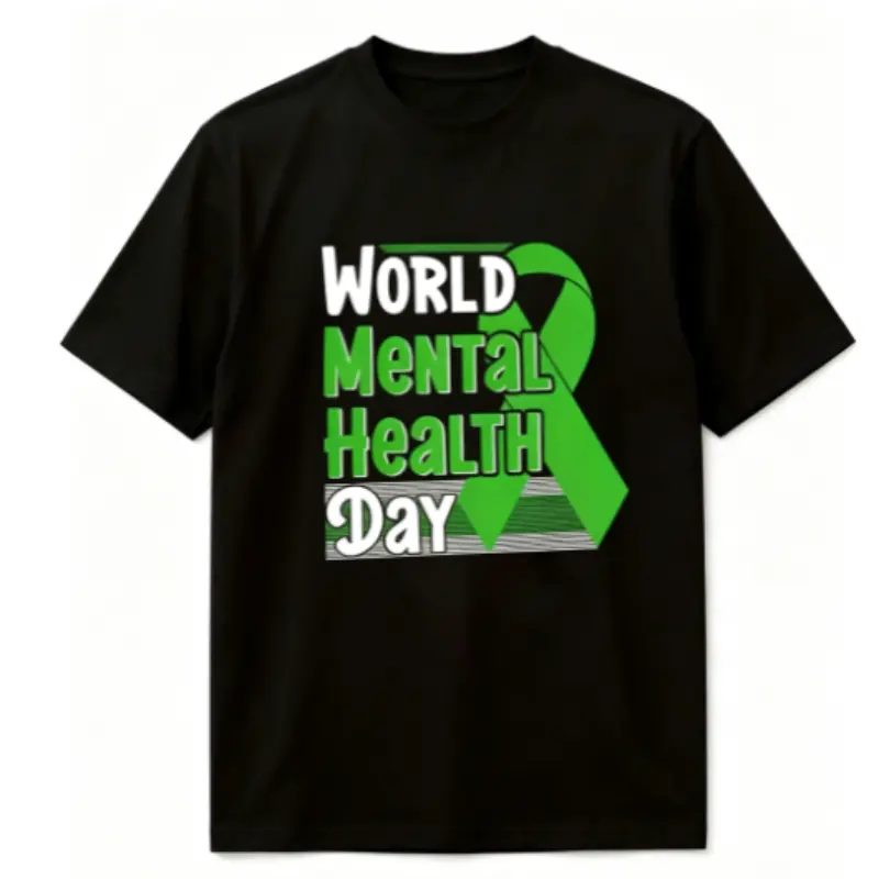 Unisex 100% Cotton Round Neck Short-Sleeve Tshirt, World Mental Health Day Graphic Sports Top, Striking Green Awareness Ribbons, Comfortable Casual Wear Thoughtful Gift (Black)
