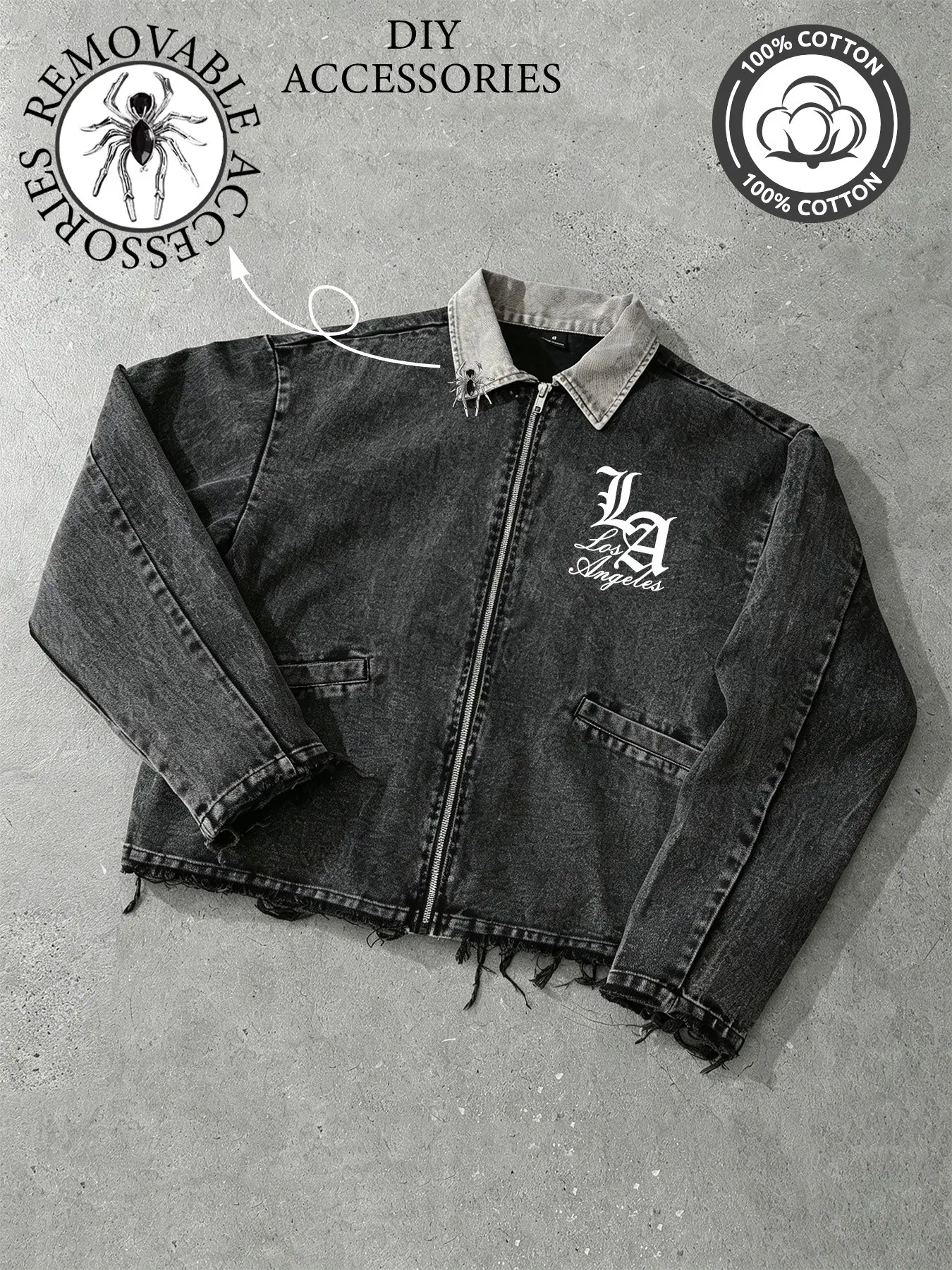 Y2K Street Style Vintage Washed Short Loose Zipper Denim Jacket, Gothic Print DIY Custom Spider Jacket, Perfect for Young Men