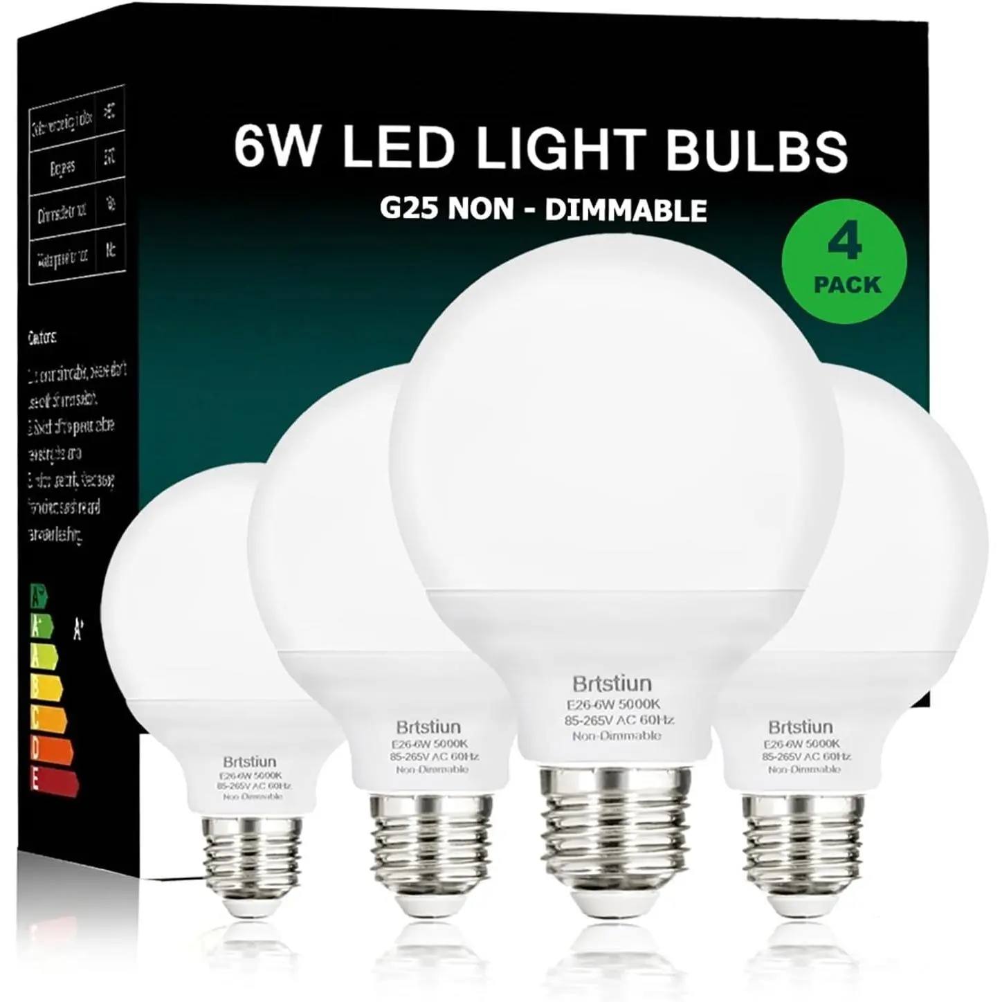 G25 LED Bulb, Round Vanity Bulbs for Bathroom, 40W Equivalent, Daylight 5000K, Globe Bulbs E26 Base, 600LM, Non-Dimmable, 4-Pack