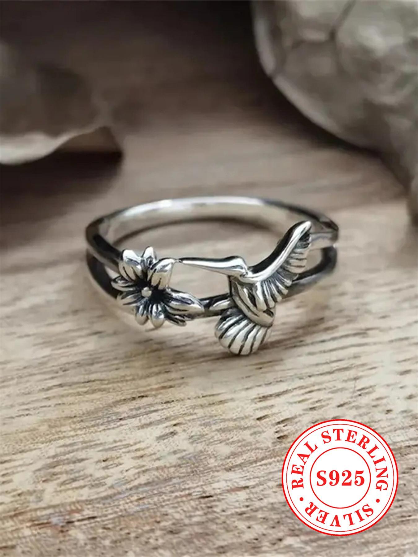 925 Sterling Silver 925 Sterling Silver Cute Bird Design Ring, Wedding Engagement Anniversary Jewelry for Party, Daily Clothing Decor, for Birthday Gift Hummingbird Ring