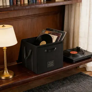 Vinyl Record Storage Boxes, Non-Woven Stackable Record Holder with Lid and Handles, LP Storage Organizer for Valuable Album Collection