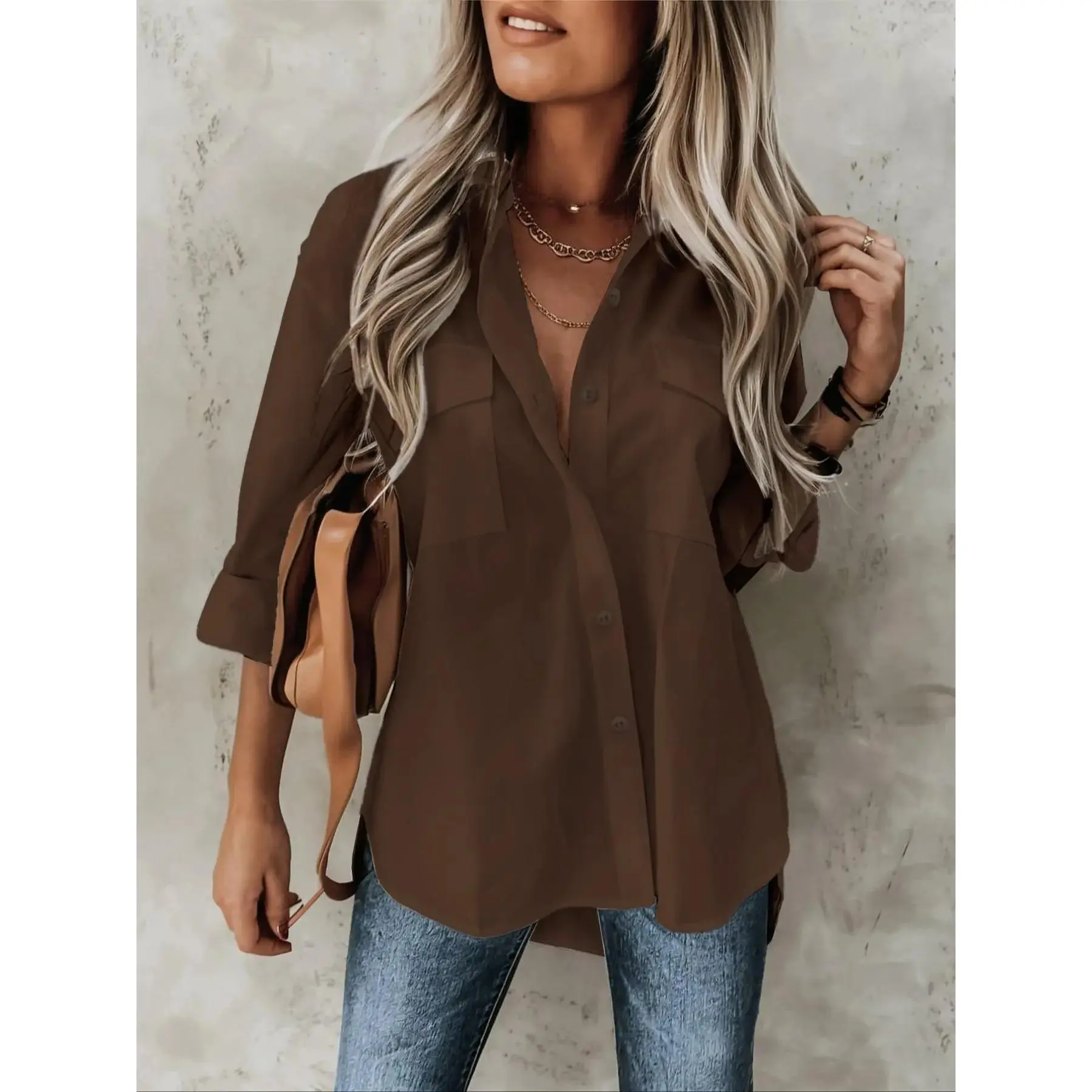 Plus Size Plain Button Front Neckline Collared Shirt with Pockets and High Low Hem, Casual Fitted Drop-Shoulder Roll-Up Sleeve Shirt for Summer, Women's Clothes for Everyday Wear, Top, Blouse, Womenswear