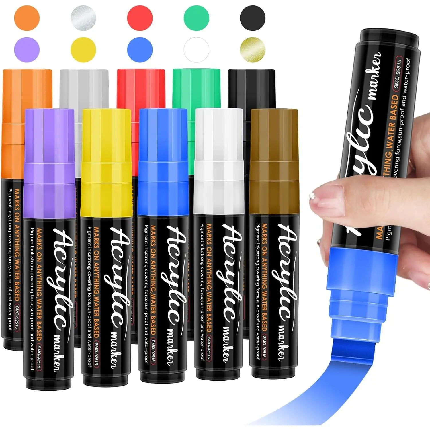 Permanent Ink Markers, 10-Pack Colored 15mm Felt-Tip Pens for Rock Painting, Ceramic, Outdoor Signs (Office Stationery Writing Tool)