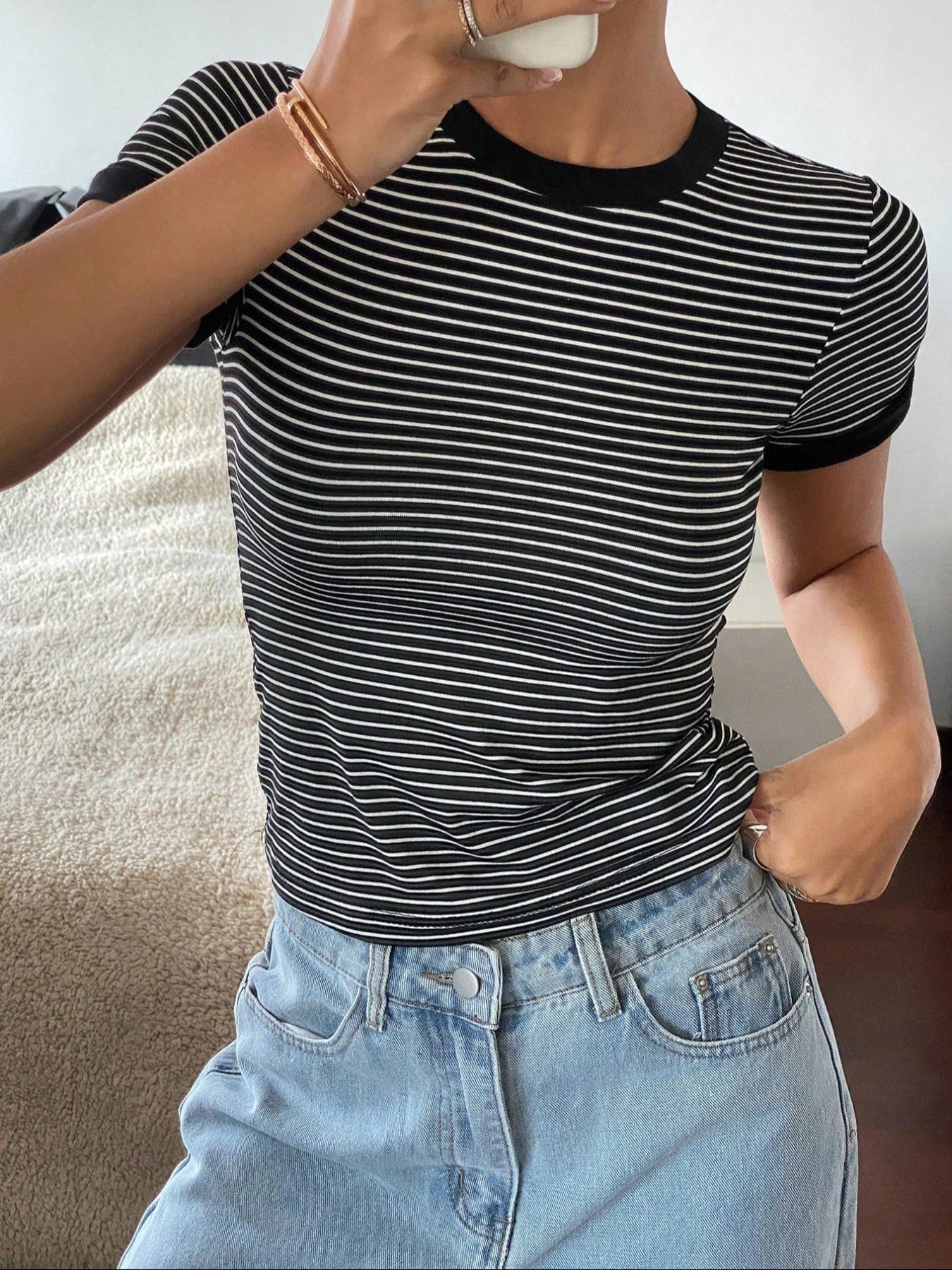 Women's Striped Print Round Neck Tee, Casual Short Sleeve T-shirt, Ladies Summer Clothes for Daily Wear