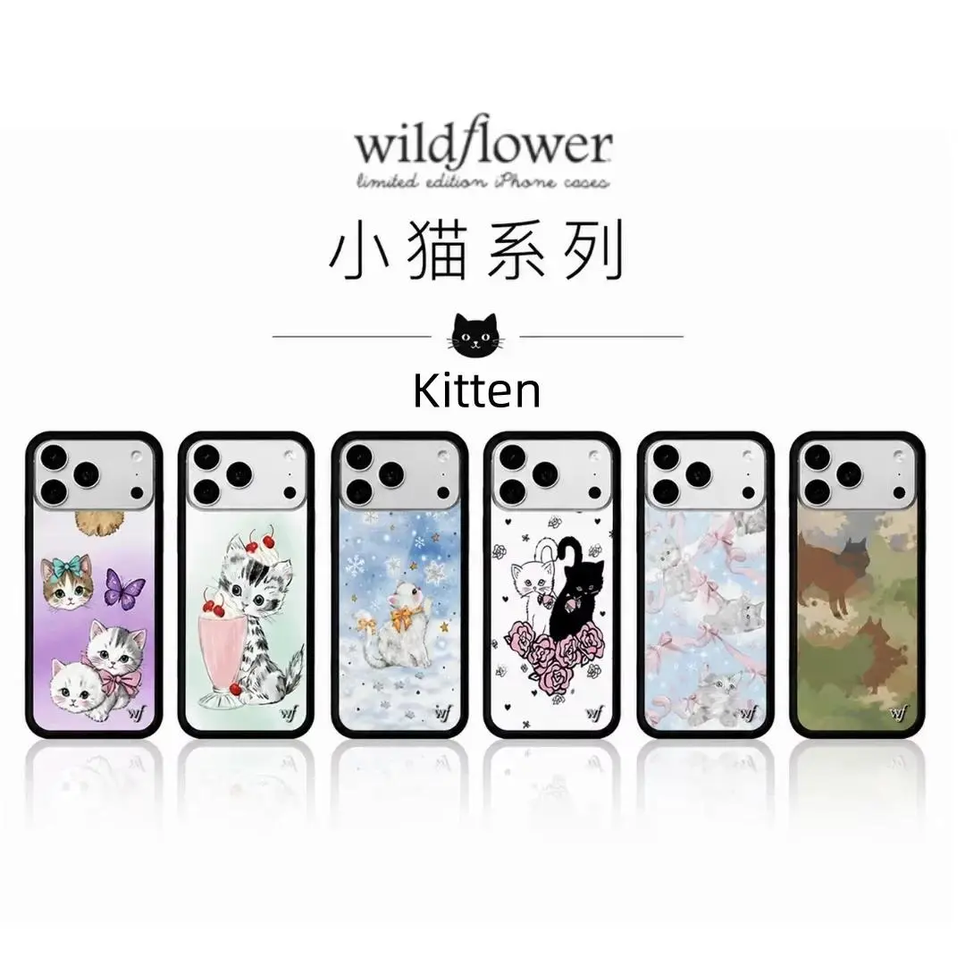 Wildflower Cartoon Kitten Smartphone for iPhone 11-17, Pro, Max, Plus - INS Meow Handheld Cellphone Protection for Country Music Fans, Devices s25 s23 s22 impact resistant hard custom fisherman gift 2-in-1 anti drop shockproof protective luxury desig magn