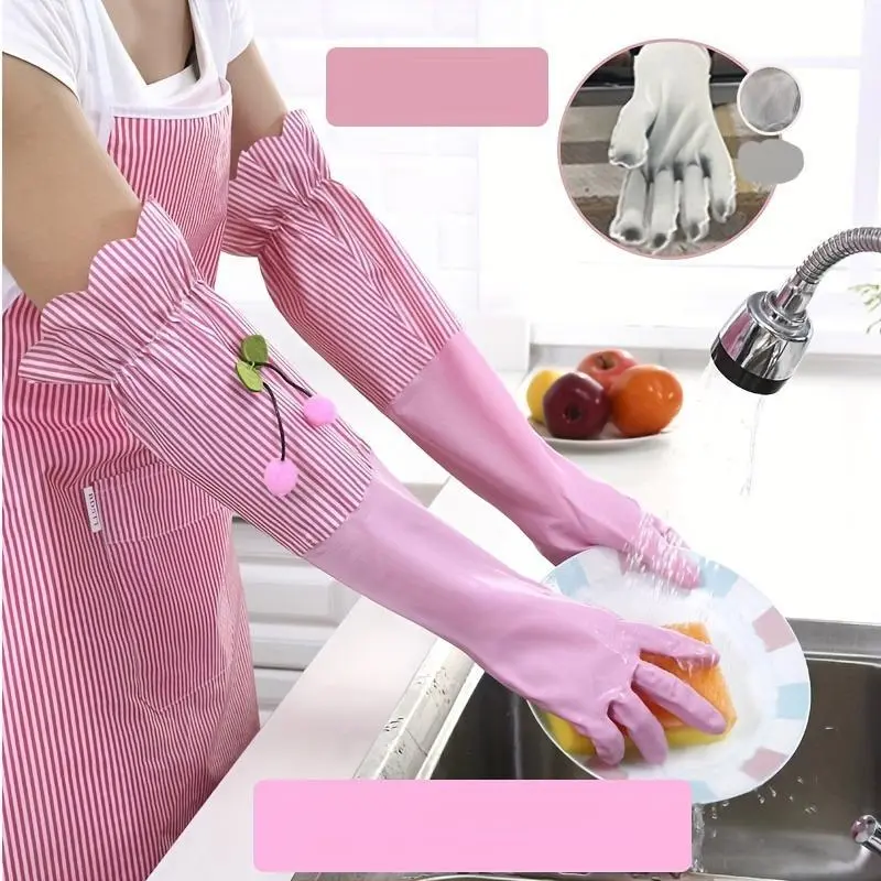 1 Pair, Winter Long Thermal Gloves, Plus Velvet Household Cleaning Gloves, Waterproof Kitchen Dishwashing Gloves, Non-slip Housework Gloves, Durable Laundry Washing Gloves, Cleaning Supplies, Cleaning Tool, Back To School Supplies