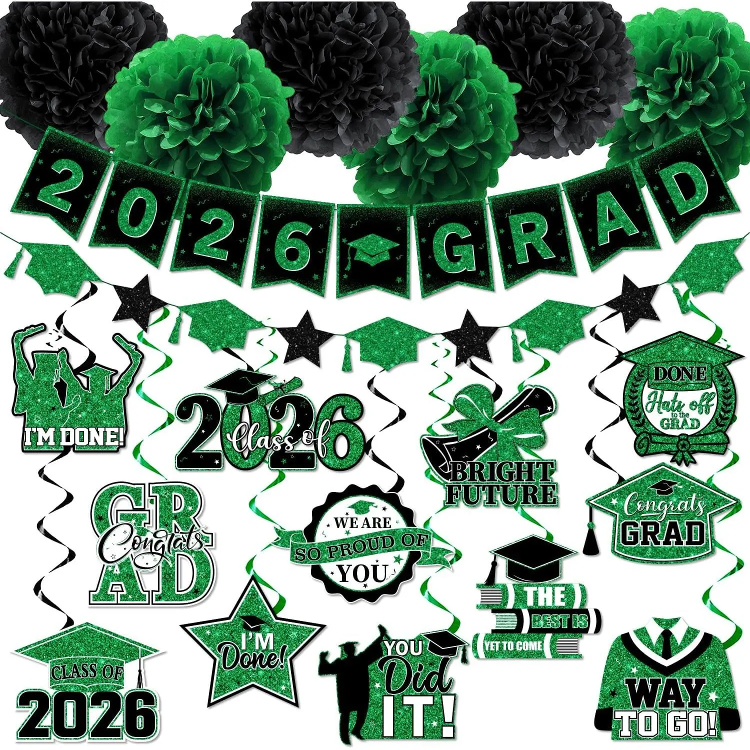 Green Graduation Decorations 2026, 2026 Grad Banner and Congrats Grad Hanging Swirls, Green and Black Graduation Banner, Graduation Hanging Swirls, College Graduation Party Decorations Class of 2026